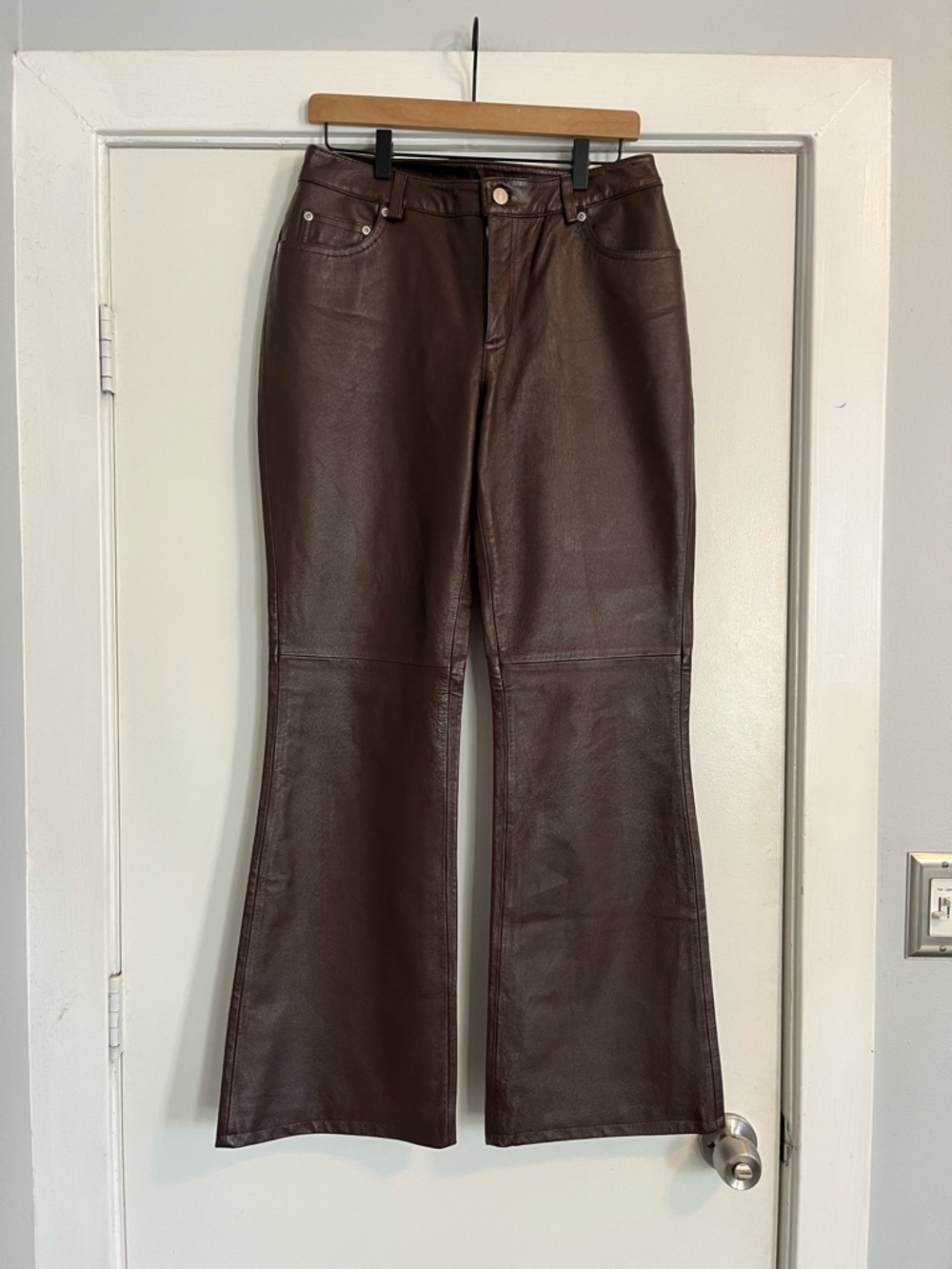 Newport News Jeanology Dark Brown Leather Pants flare women’s 8 tall 28.5 waist